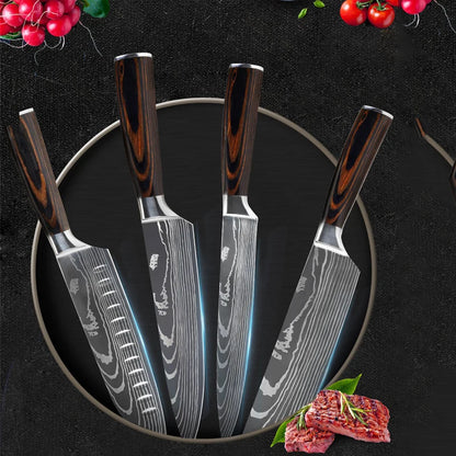 Japanese Kitchen Knife Set Laser Damascus Pattern Stainless Steel