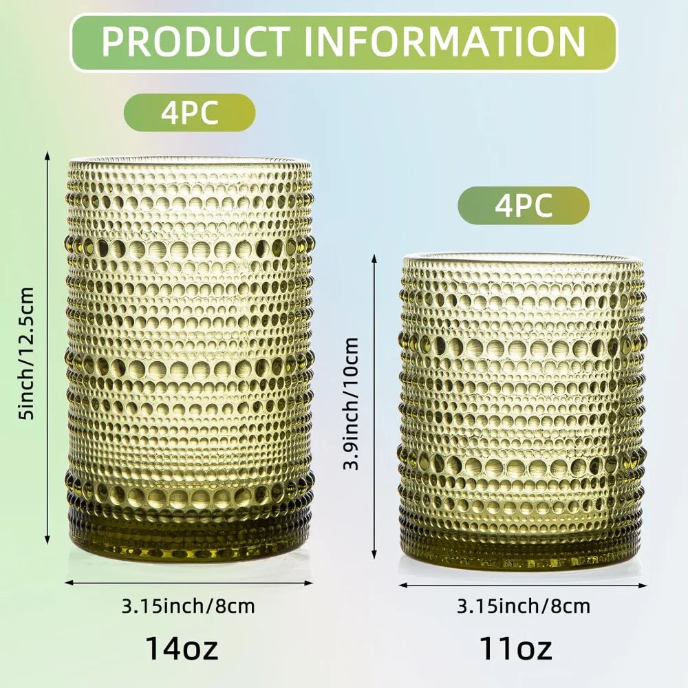intage Green Drinking Glasses Set - 4 Highball Glasses (14 oz) & 4 Rocks Glasses (11 oz)