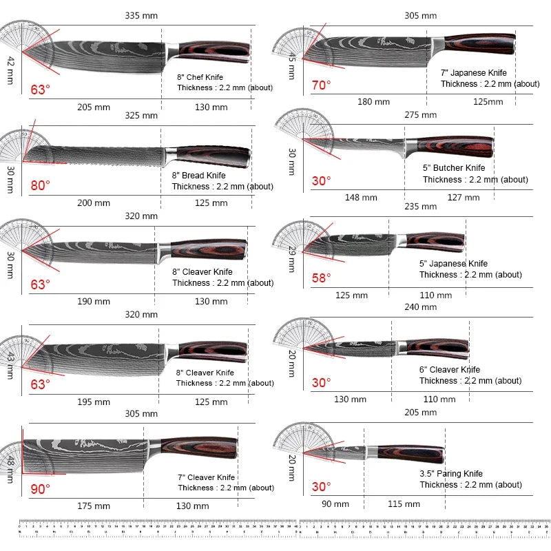 Japanese Kitchen Knife Set Laser Damascus Pattern Stainless Steel