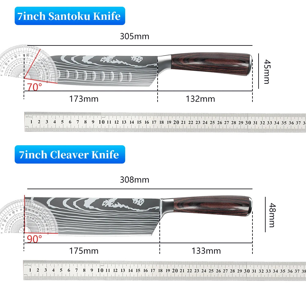 Japanese Kitchen Knife Set Laser Damascus Pattern Stainless Steel