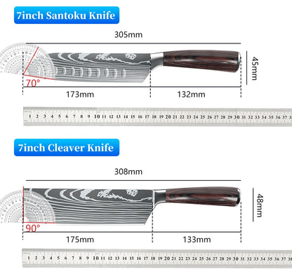 Japanese Kitchen Knife Set Laser Damascus Pattern Stainless Steel