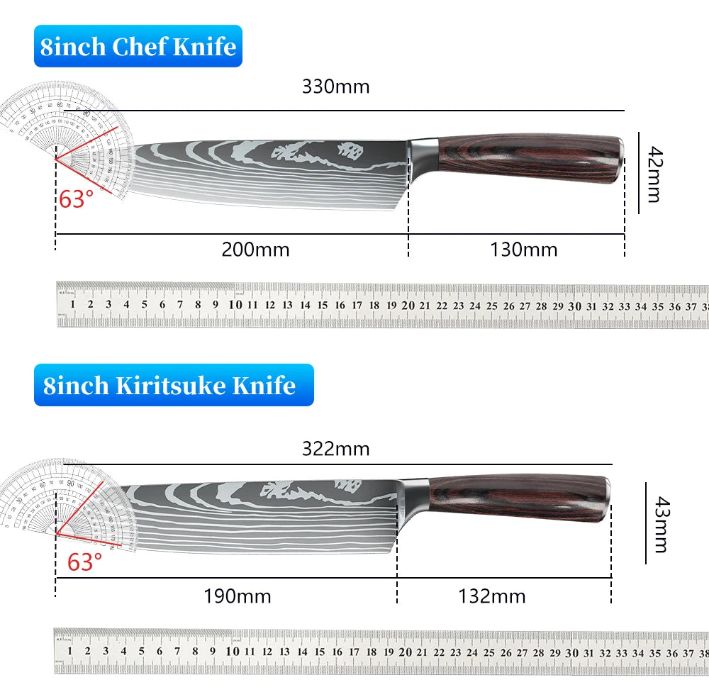 Japanese Kitchen Knife Set Laser Damascus Pattern Stainless Steel